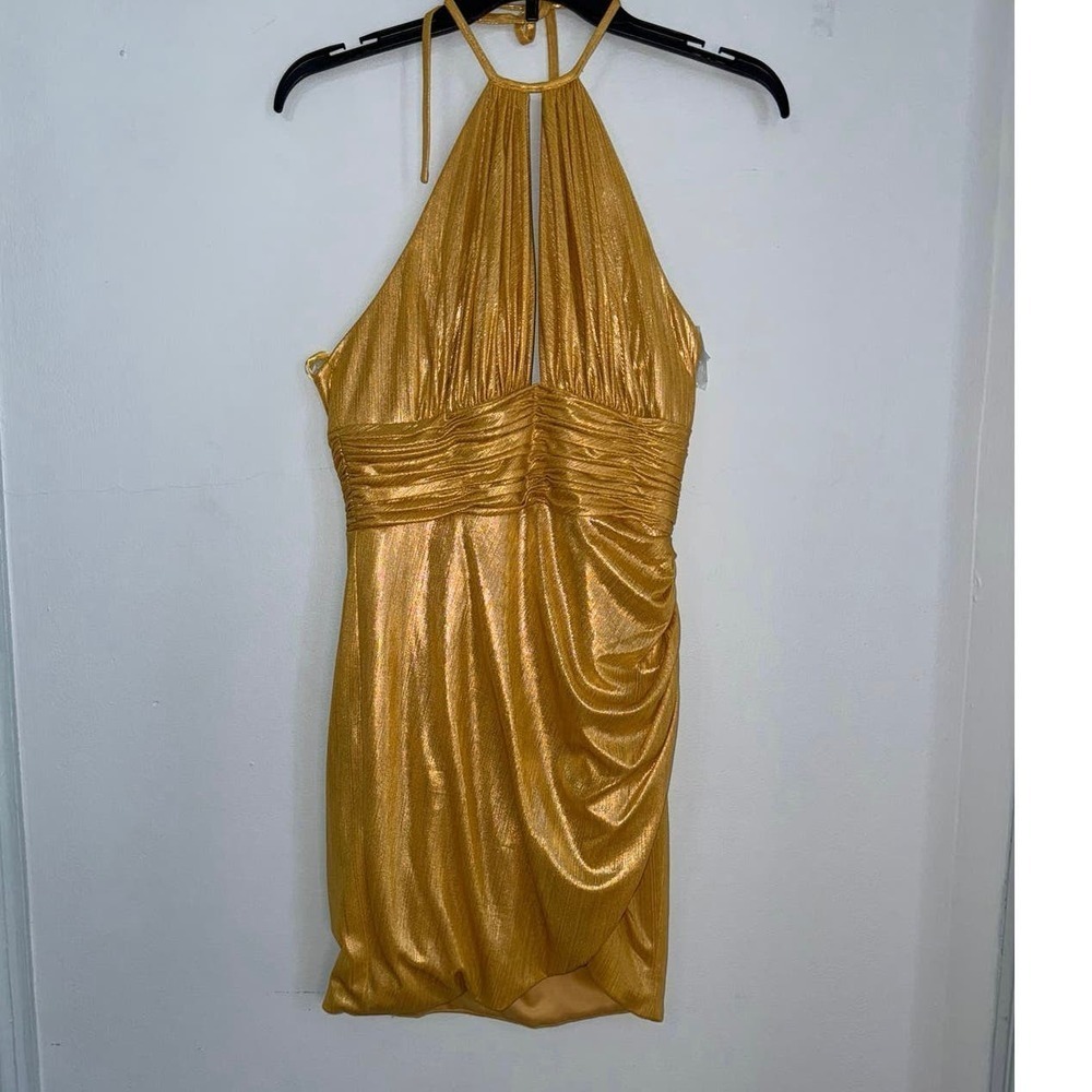 Ieena for Mac Duggal Size 2 NWT Mini Gold Halter Dress